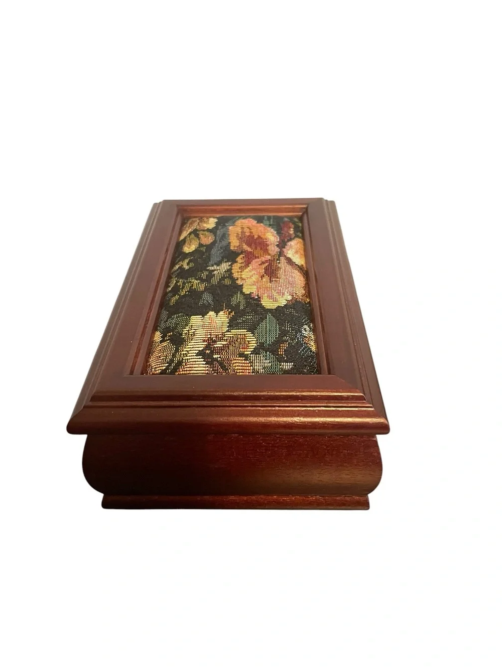 Vintage Wooden Jewelry Box Floral Tapestry Lid Mirror Removable Tray Brown